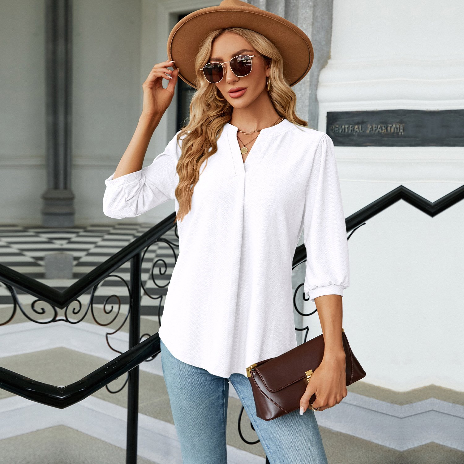 Women's Half Sleeve Shirt Summer White Plain V Neck Balloon Sleeve Daily Going Out Casual Top