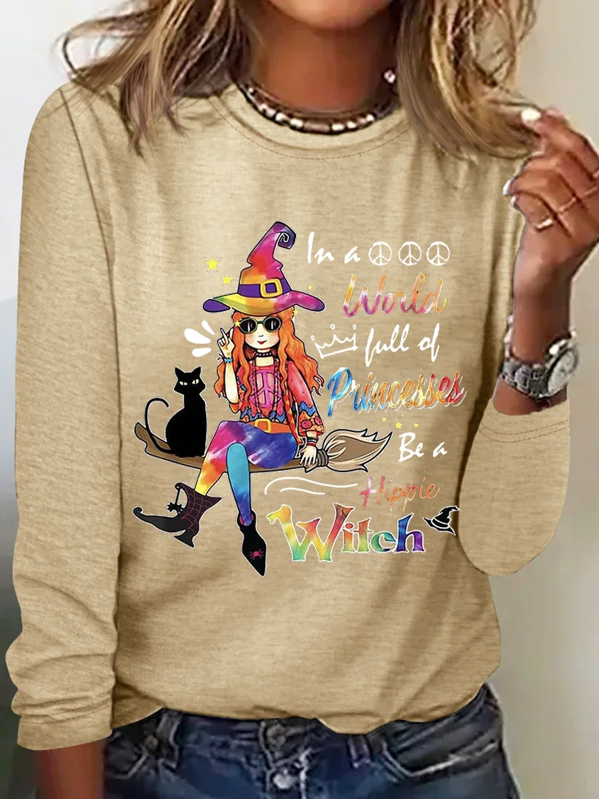 Hippie Girl And Black Cat A Hippie Witch Halloween T-shirt