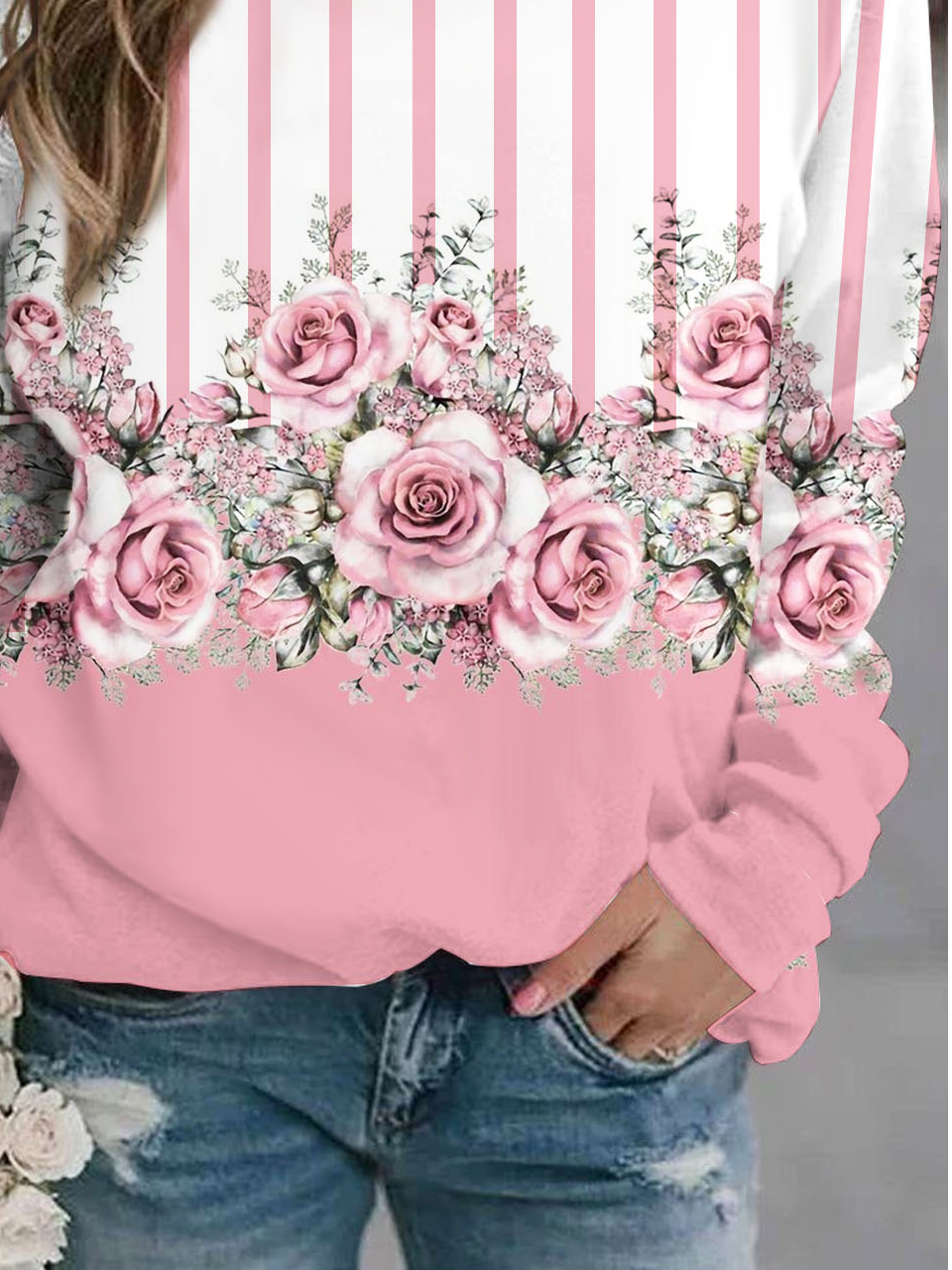 Striped floral print long sleeved round neck sweatshirt