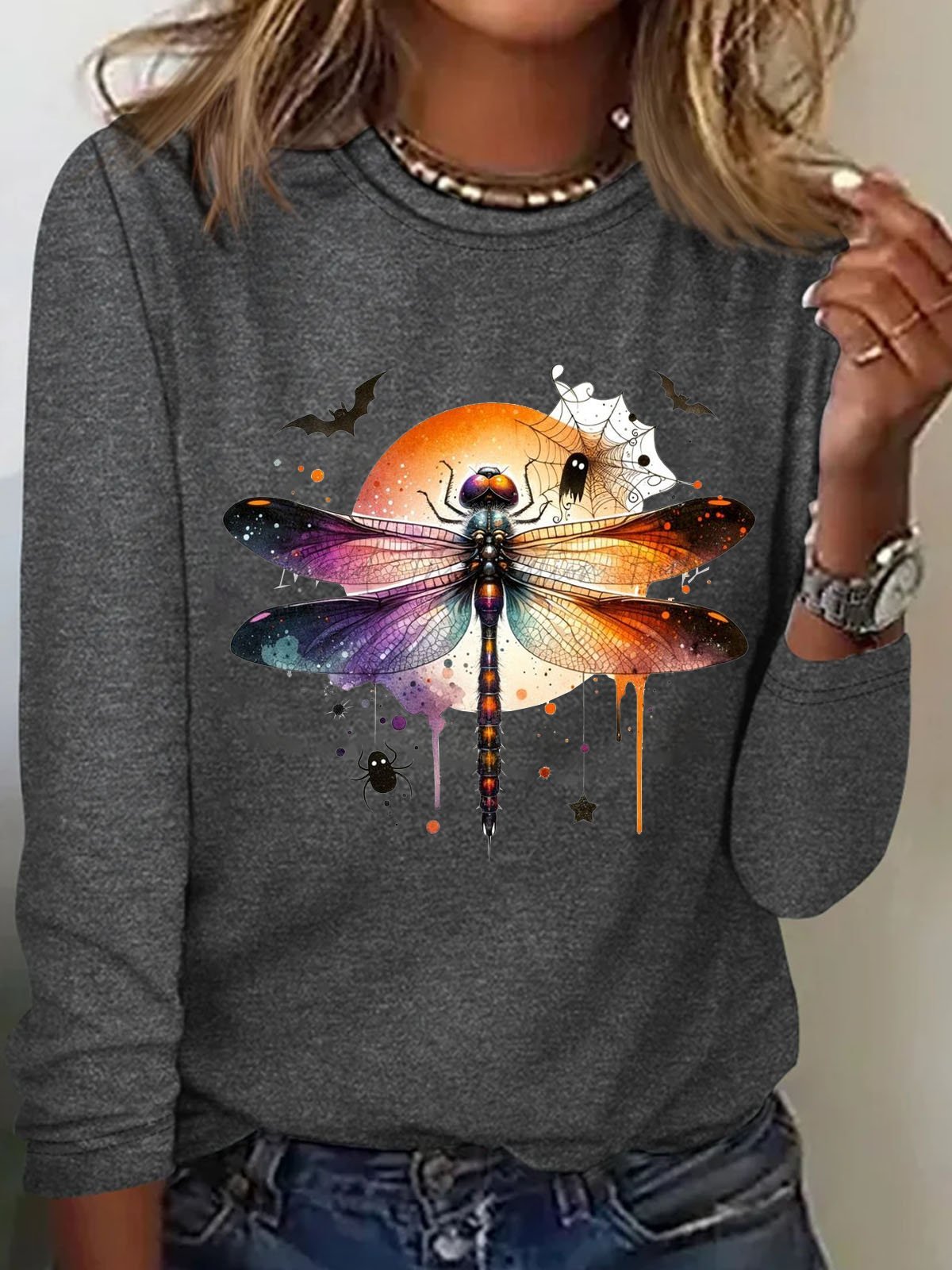 Halloween dragonfly printed casual T-shirt