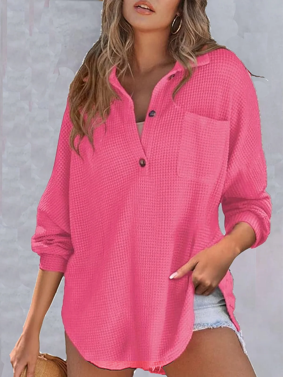 Casual Buttoned Shawl Collar Knitted Blouse