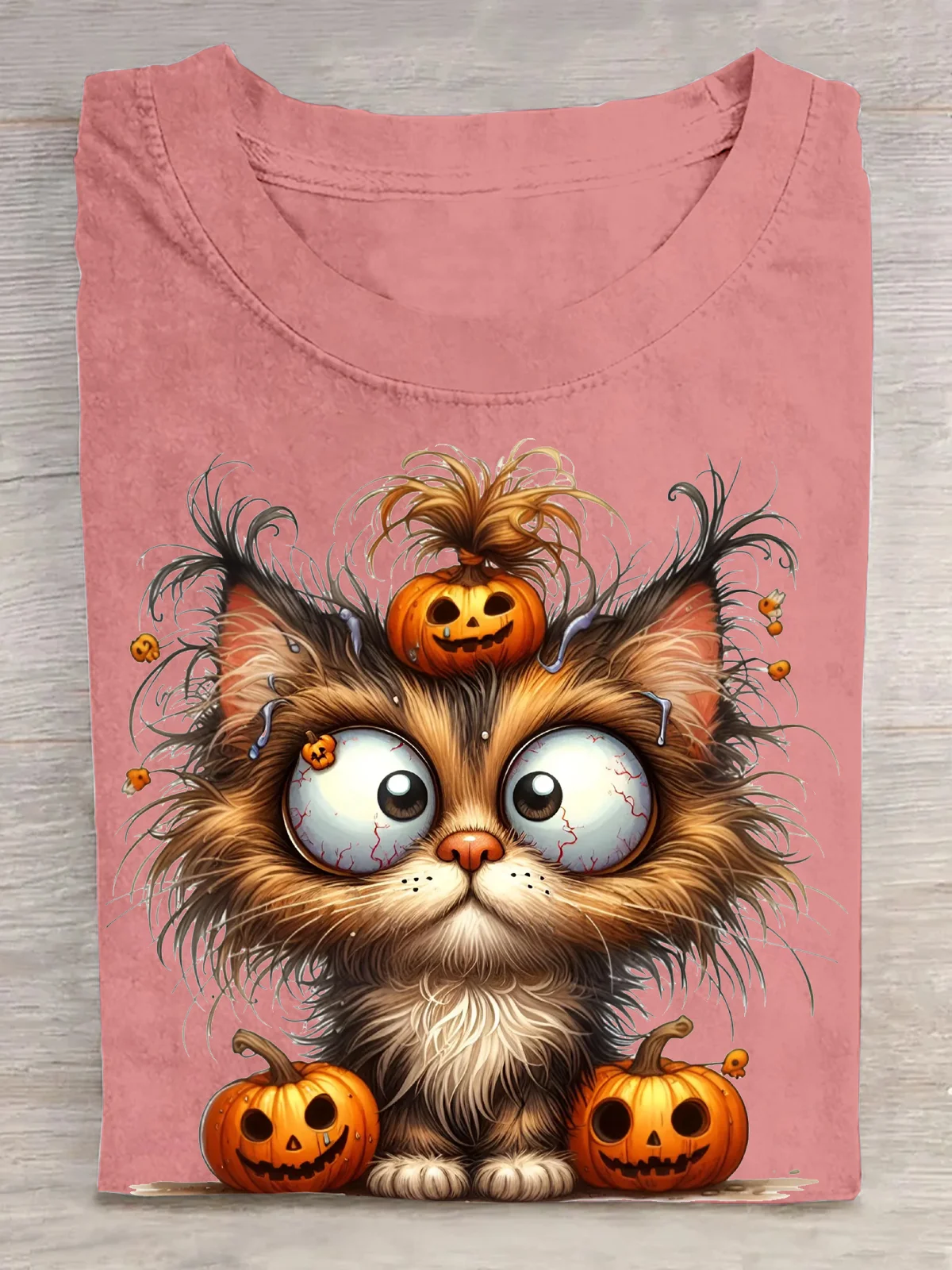 Halloween Cat Clipart with Pumpkin Hat and Big Eyes Cotton T-Shirt