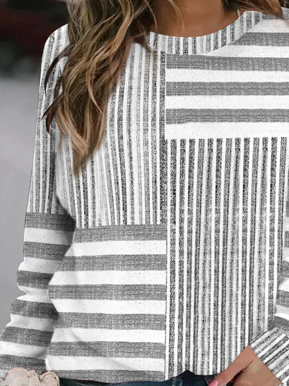 Striped printed round neck casual hoodie