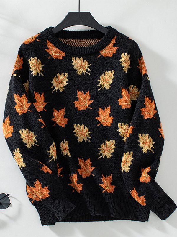 Casual Maple Leaf Yarn/Wool Yarn Loose Sweater