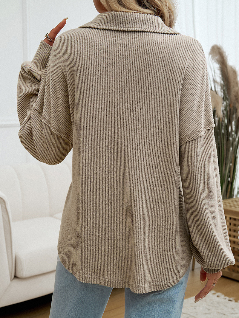 Shawl Collar Casual Buttoned Plain Sweatshirt