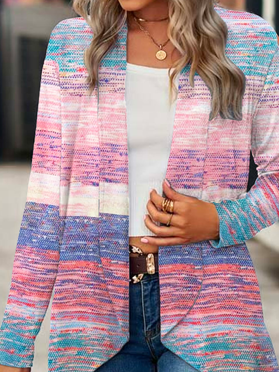 Women's abstract striped long sleeved casual cardigan