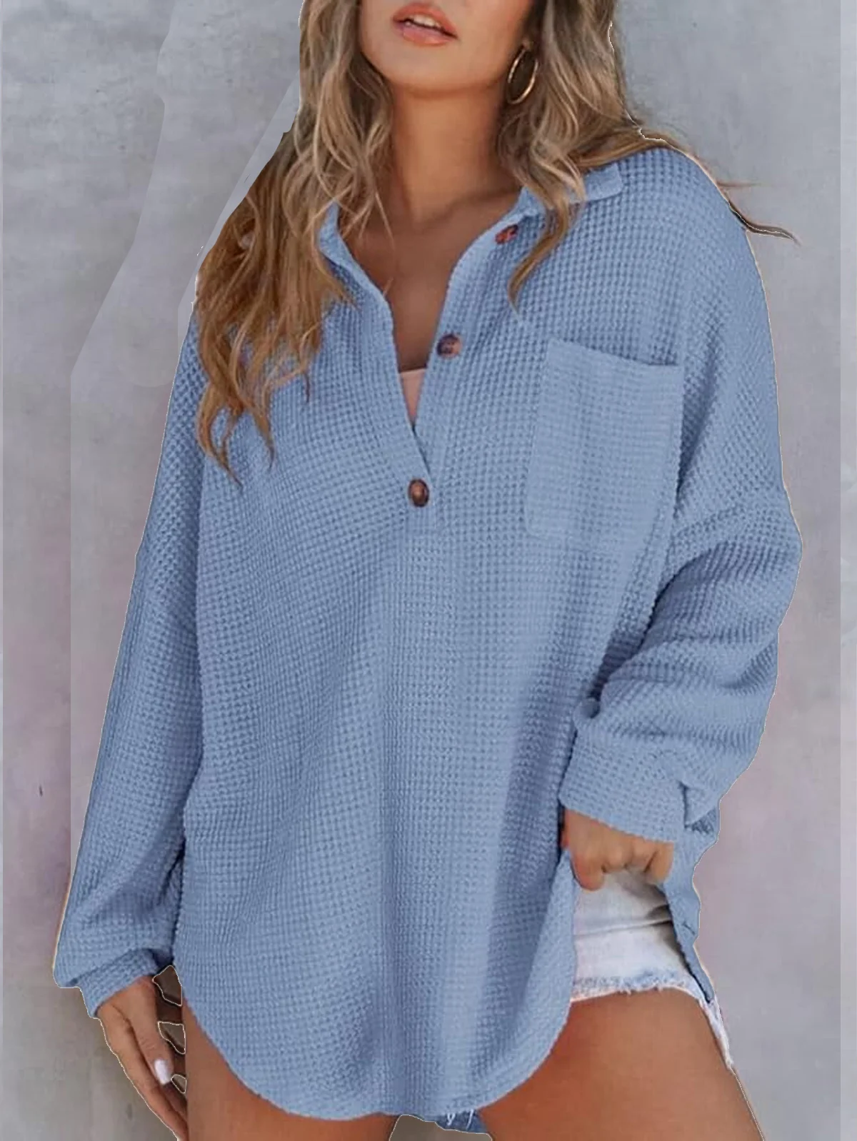 Casual Buttoned Shawl Collar Knitted Blouse