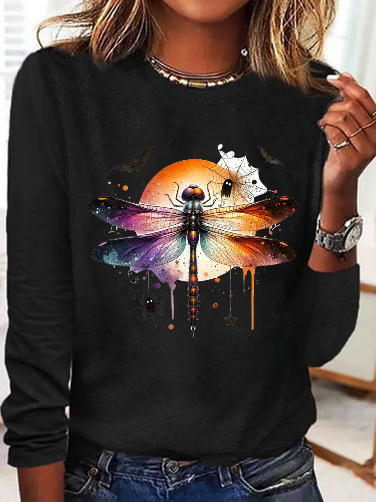 Halloween dragonfly printed casual T-shirt