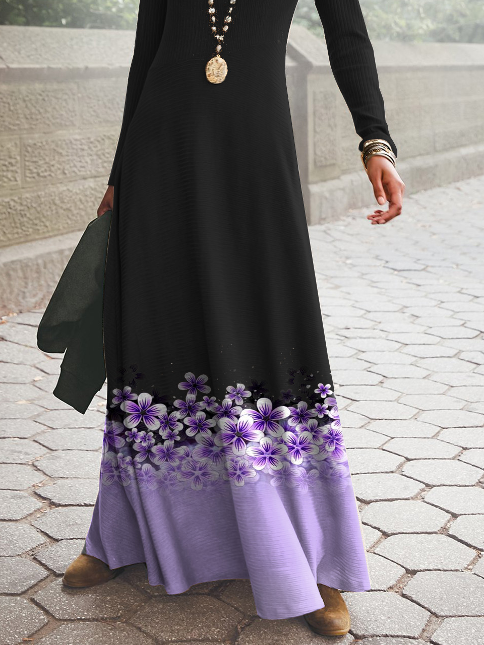 Women's Long Sleeve Spring/Fall Black Floral V Neck Daily Going Out Casual Maxi A-Line T-Shirt Dress Dress