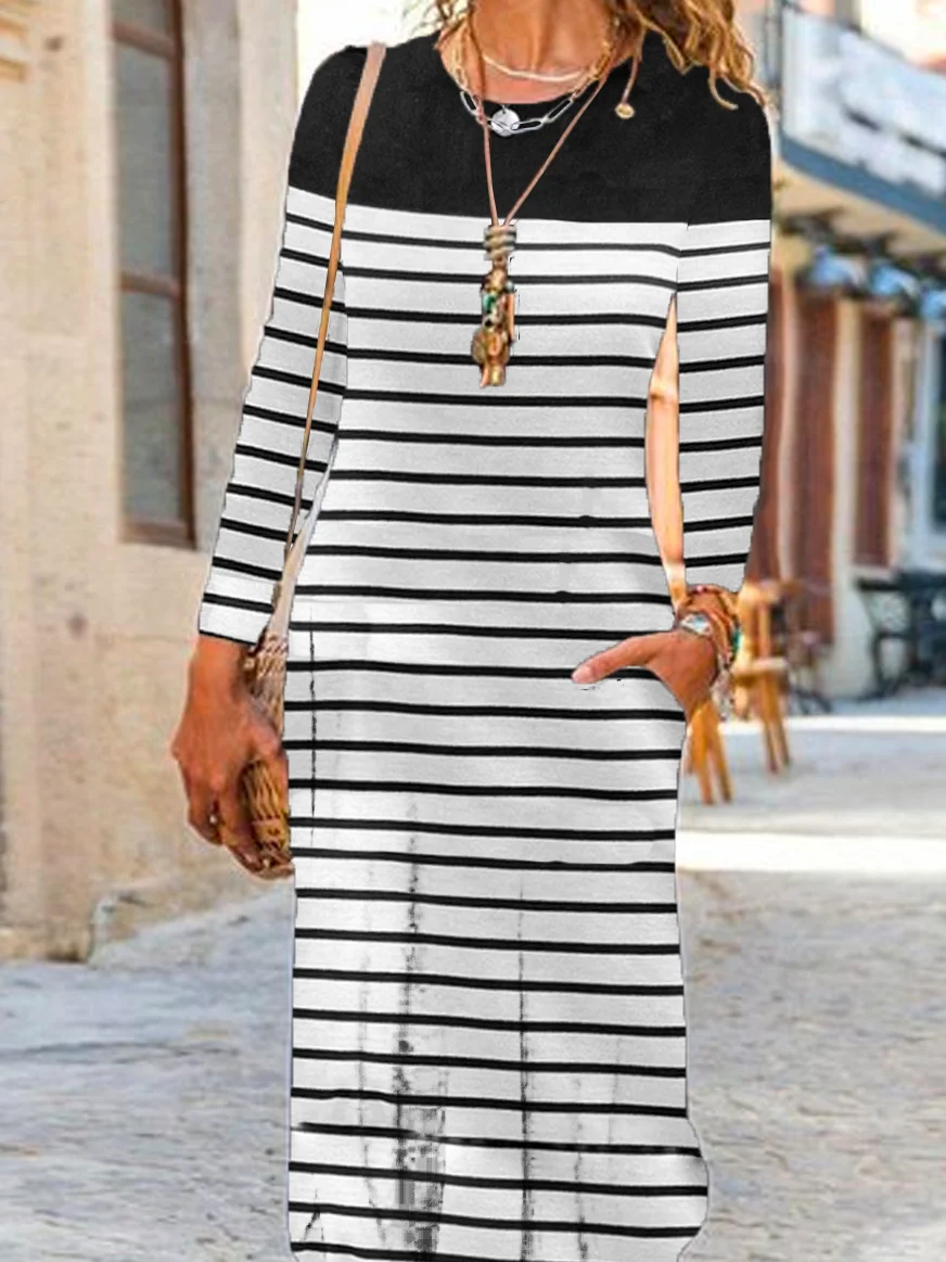 Pocket Stitching Striped Casual Dress