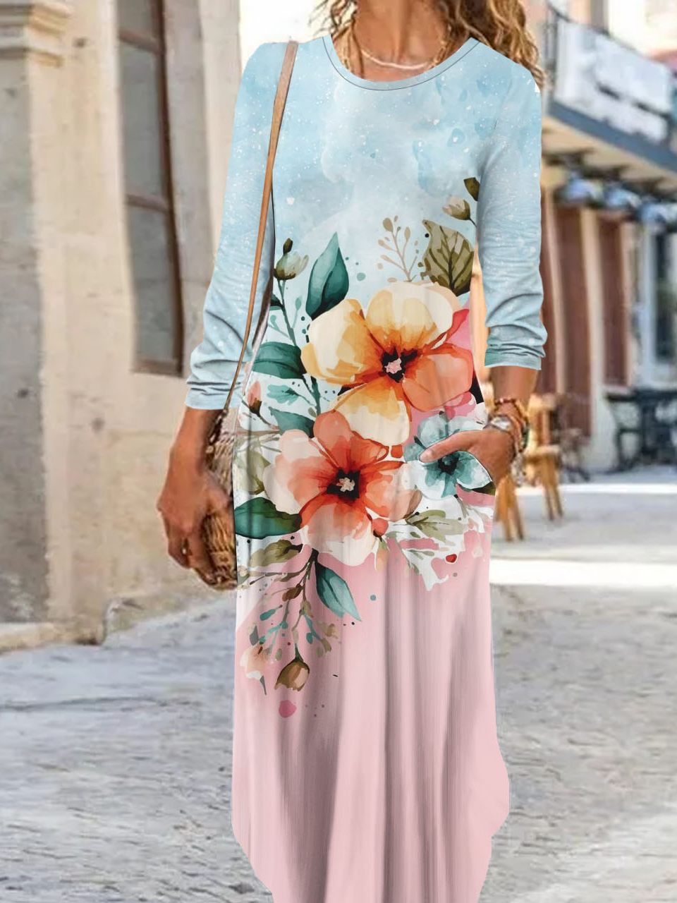 Floral printed round neck casual dress