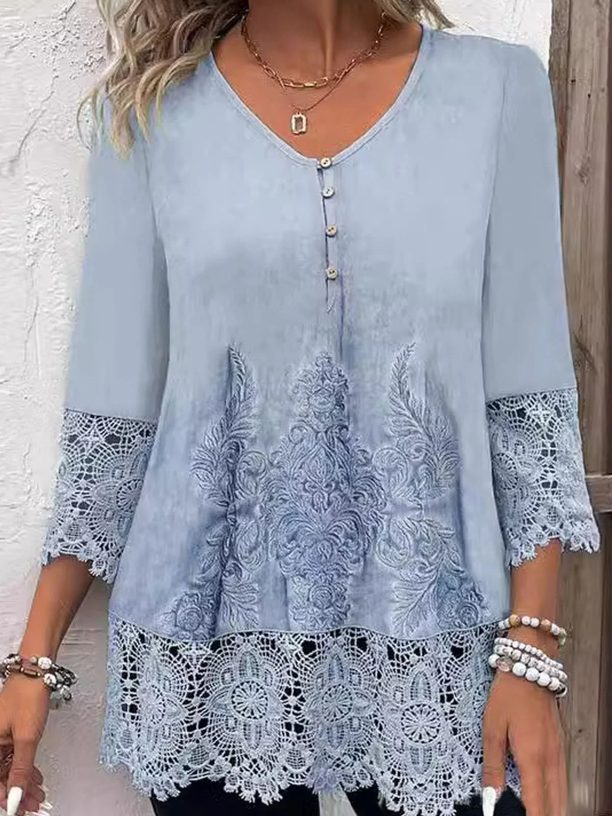 V Neck Lace Floral Casual Blouse