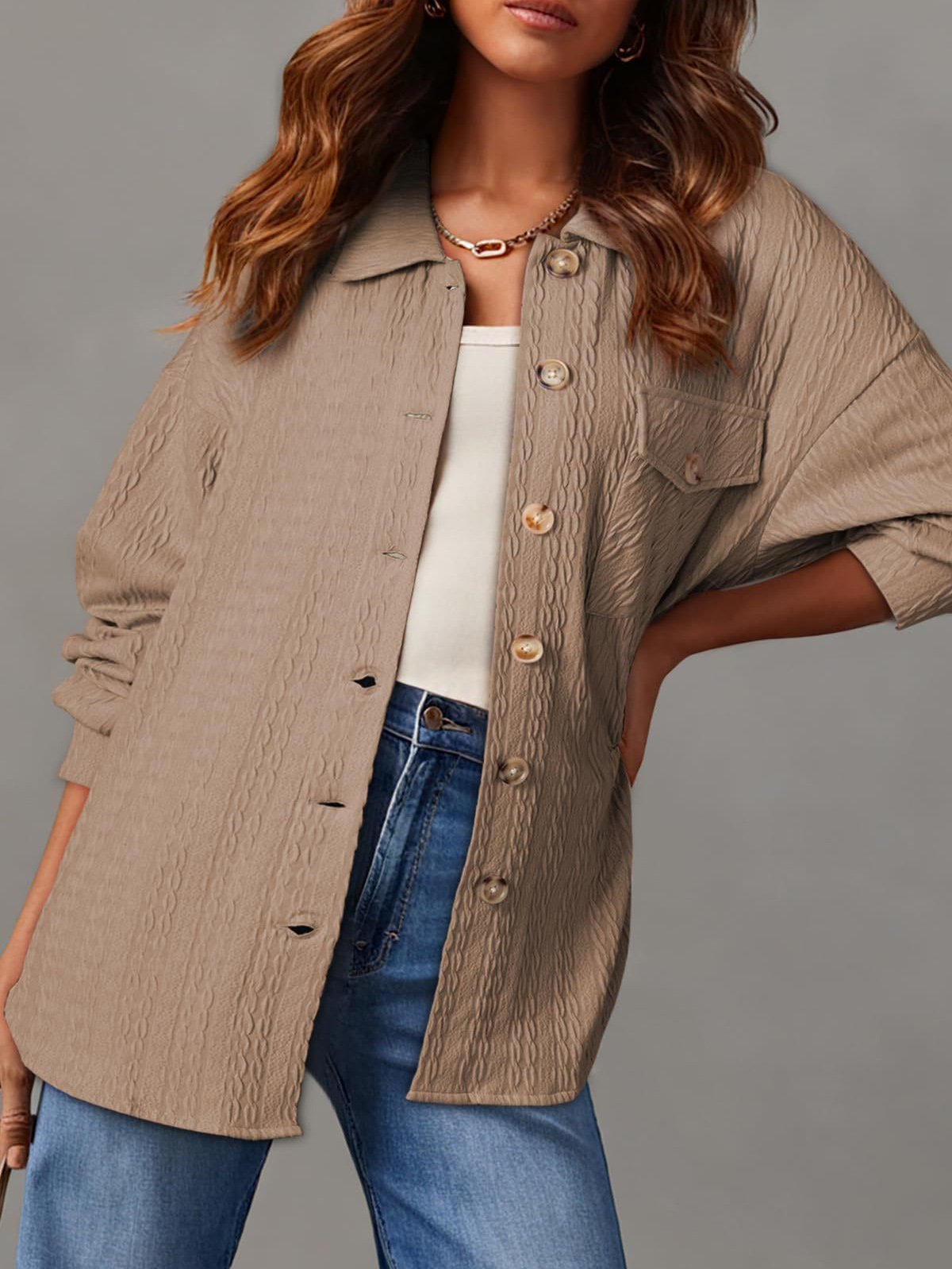 Loose Jacquard Shirt Collar Casual Jacket