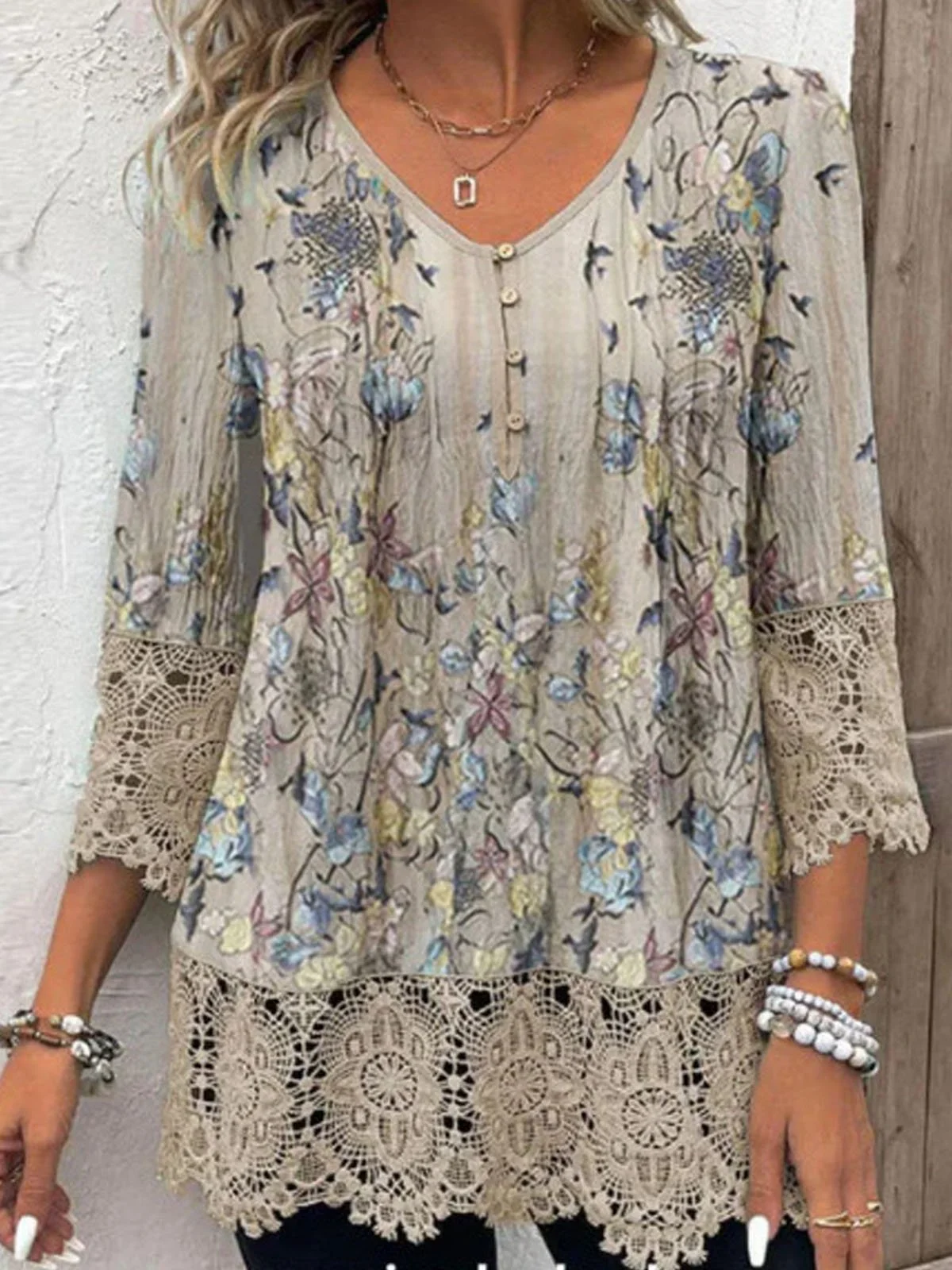 V Neck Lace Floral Casual Blouse