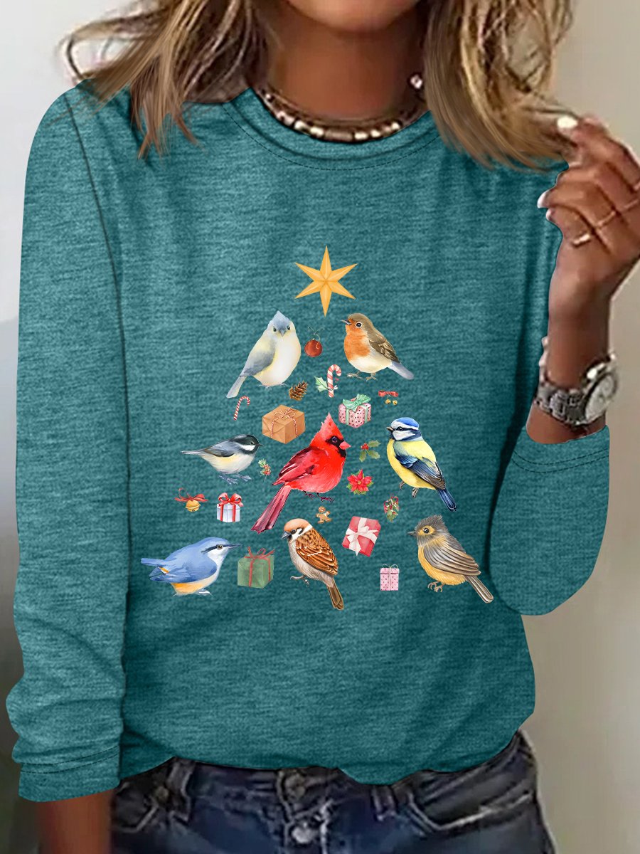 Christmas Birds Bird Lover Cardinal Casual Long Sleeve Shirt