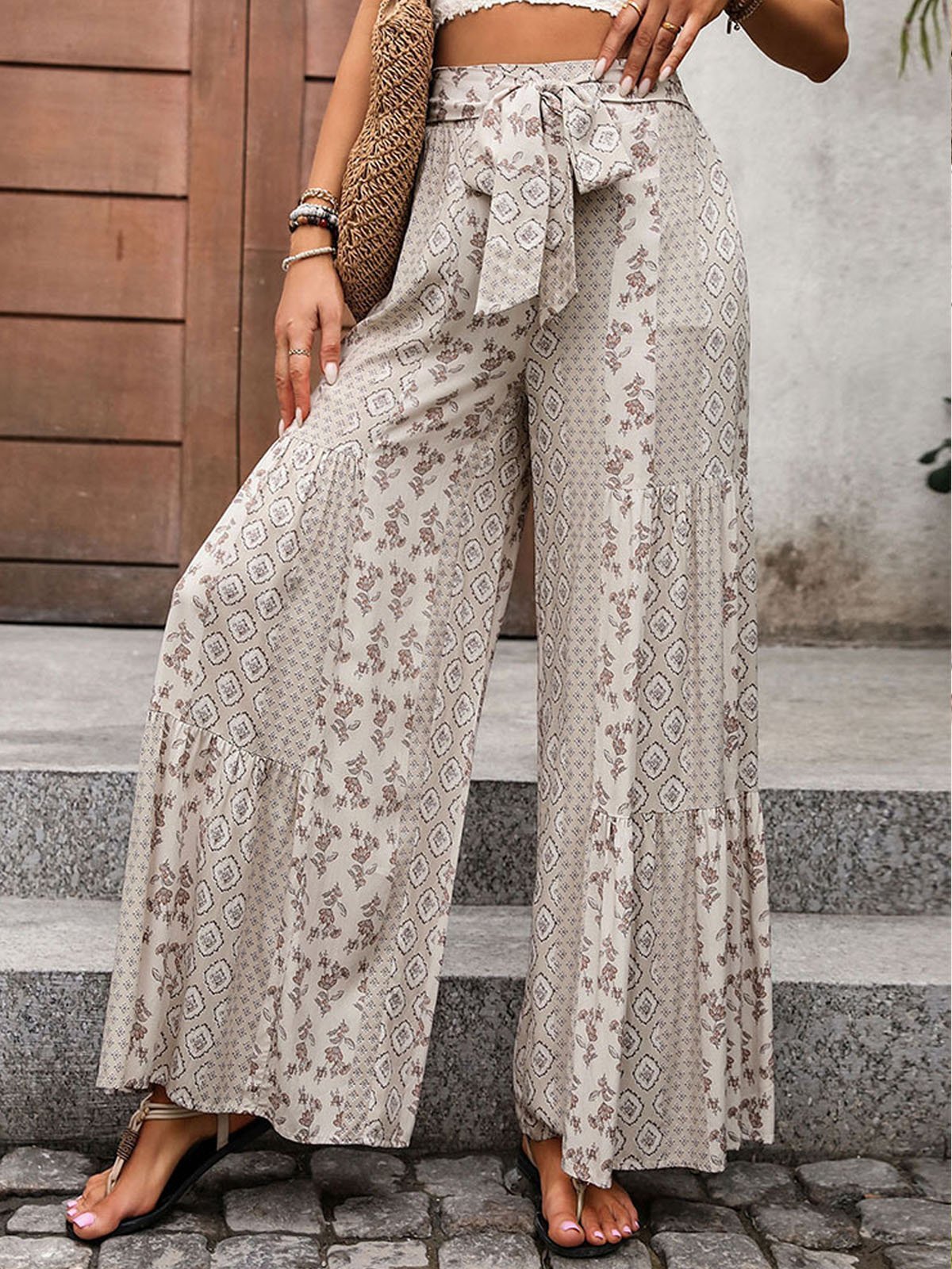 Floral Lace-Up Loose Casual Pants