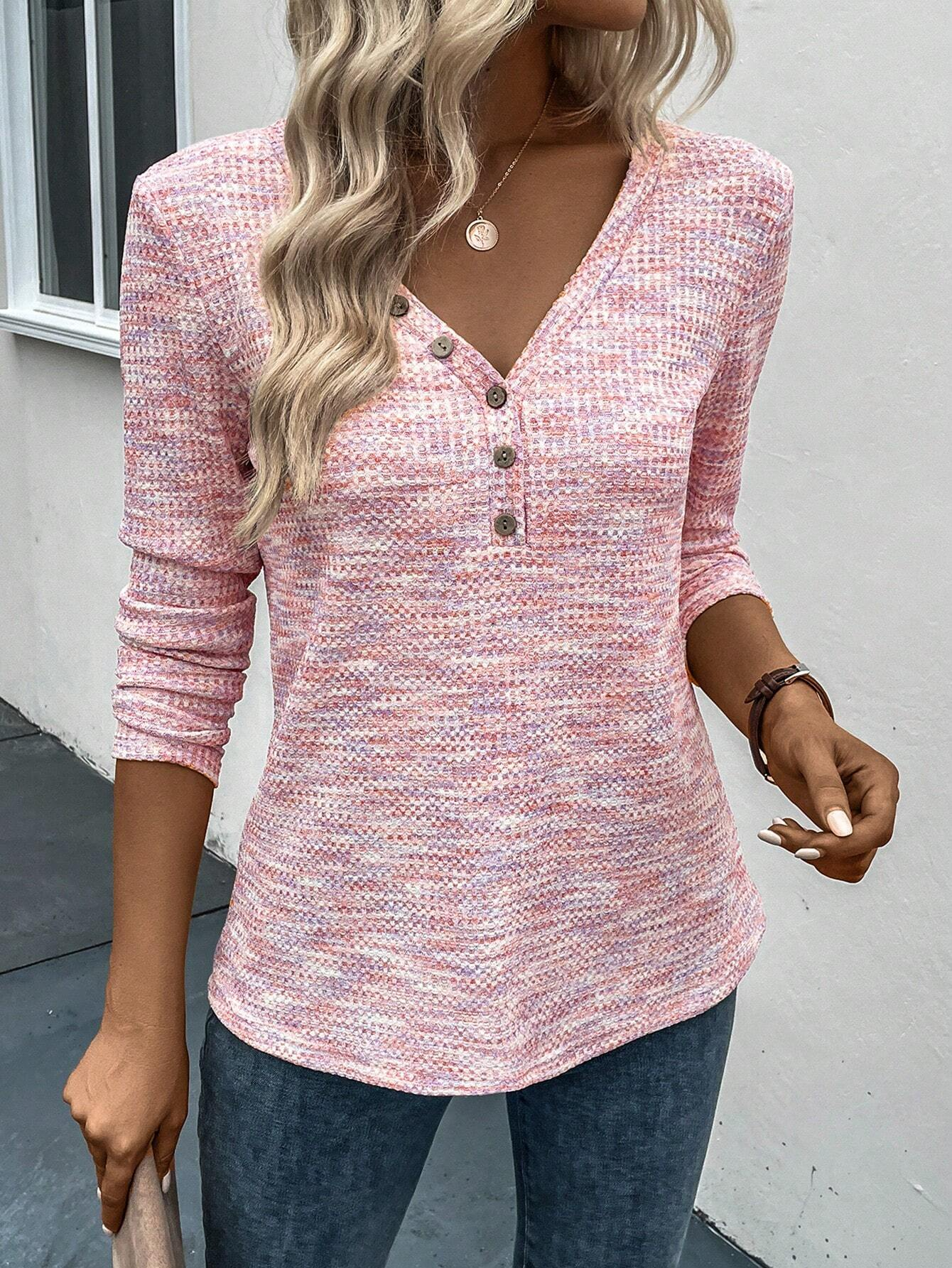 Casual V Neck Buttoned Plain T-Shirt