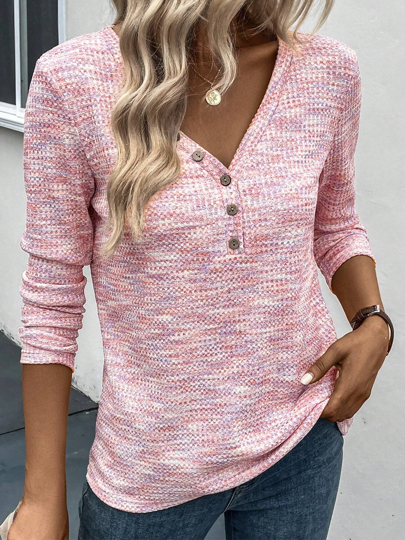 Casual V Neck Buttoned Plain T-Shirt