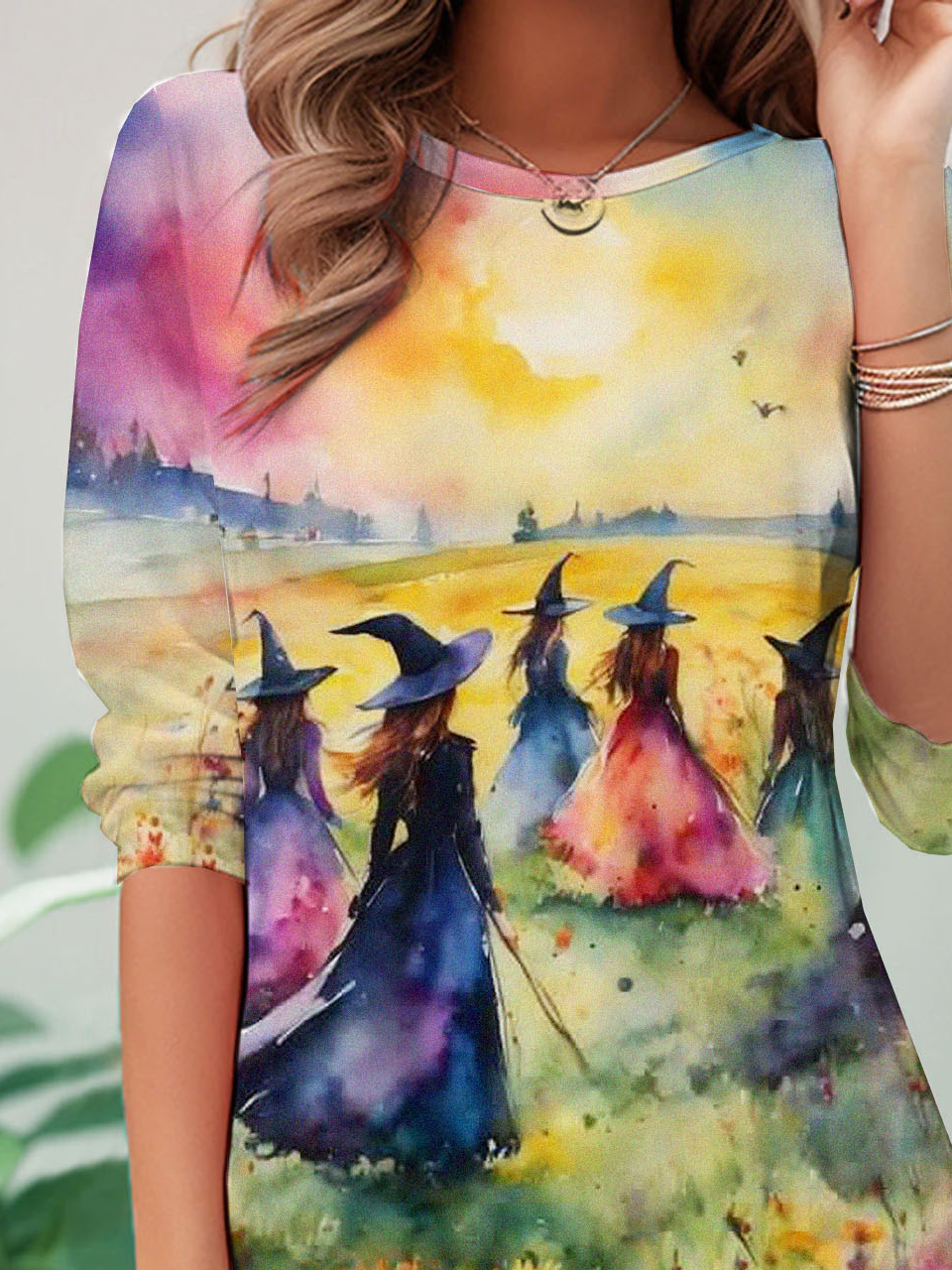 Abstract painting witch casual round neck long sleeved T-shirt