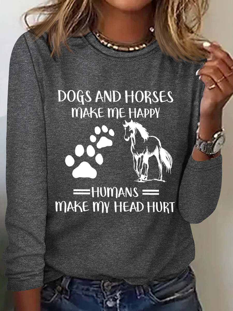 Horse Love Dogs And Horses Make Me Happy Casual Long Sleeve Shirt