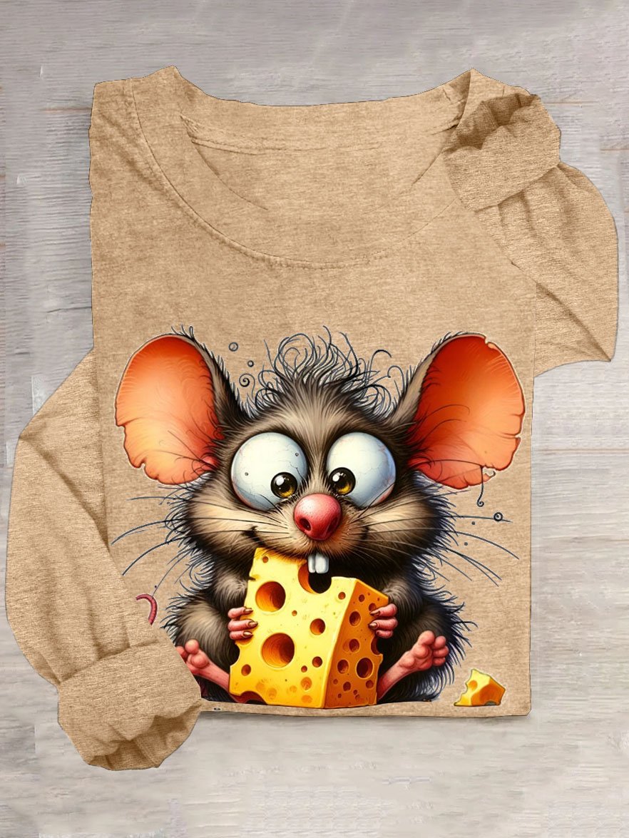 Funny Stealing Cheese Mouse Printed Round Neck Casual T-shirt