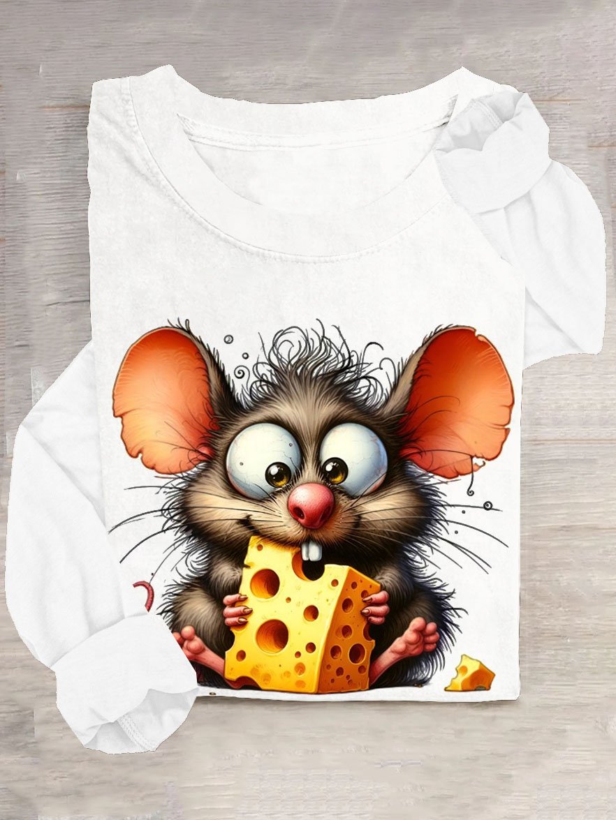 Funny Stealing Cheese Mouse Printed Round Neck Casual T-shirt