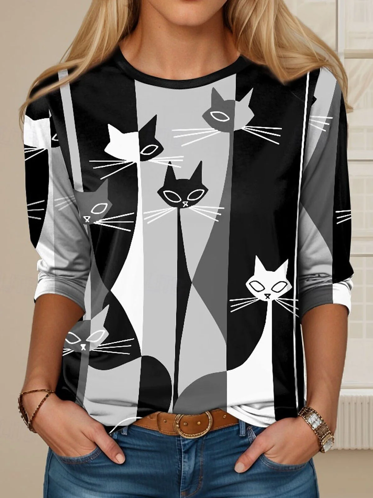 Cat print casual round neck long sleeved T-shirt