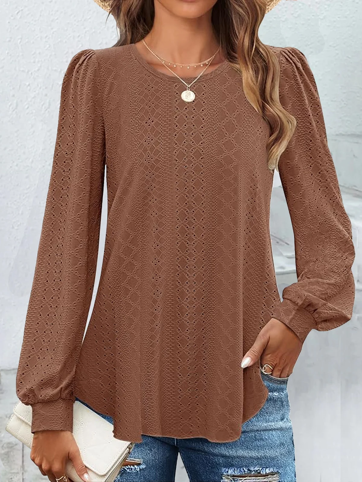 Plain Crew Neck Casual Lace T-Shirt