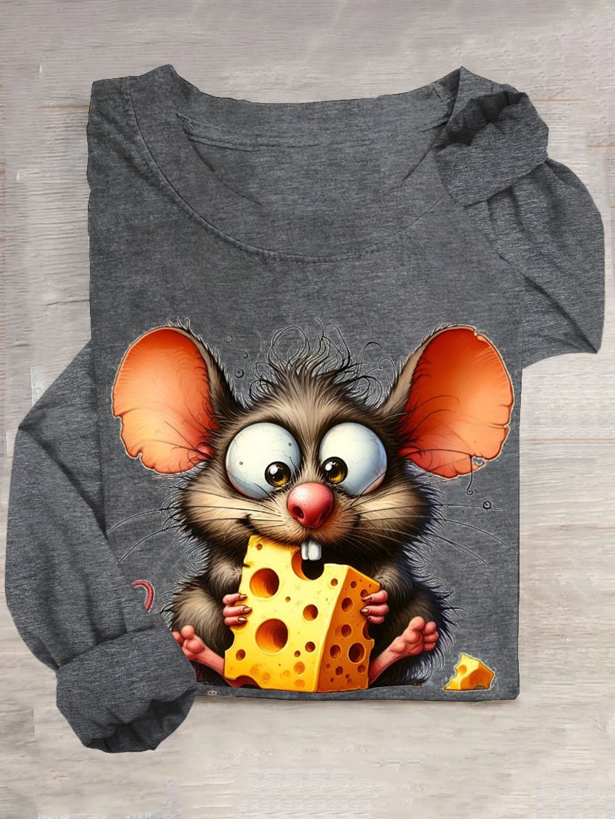 Funny Stealing Cheese Mouse Printed Round Neck Casual T-shirt