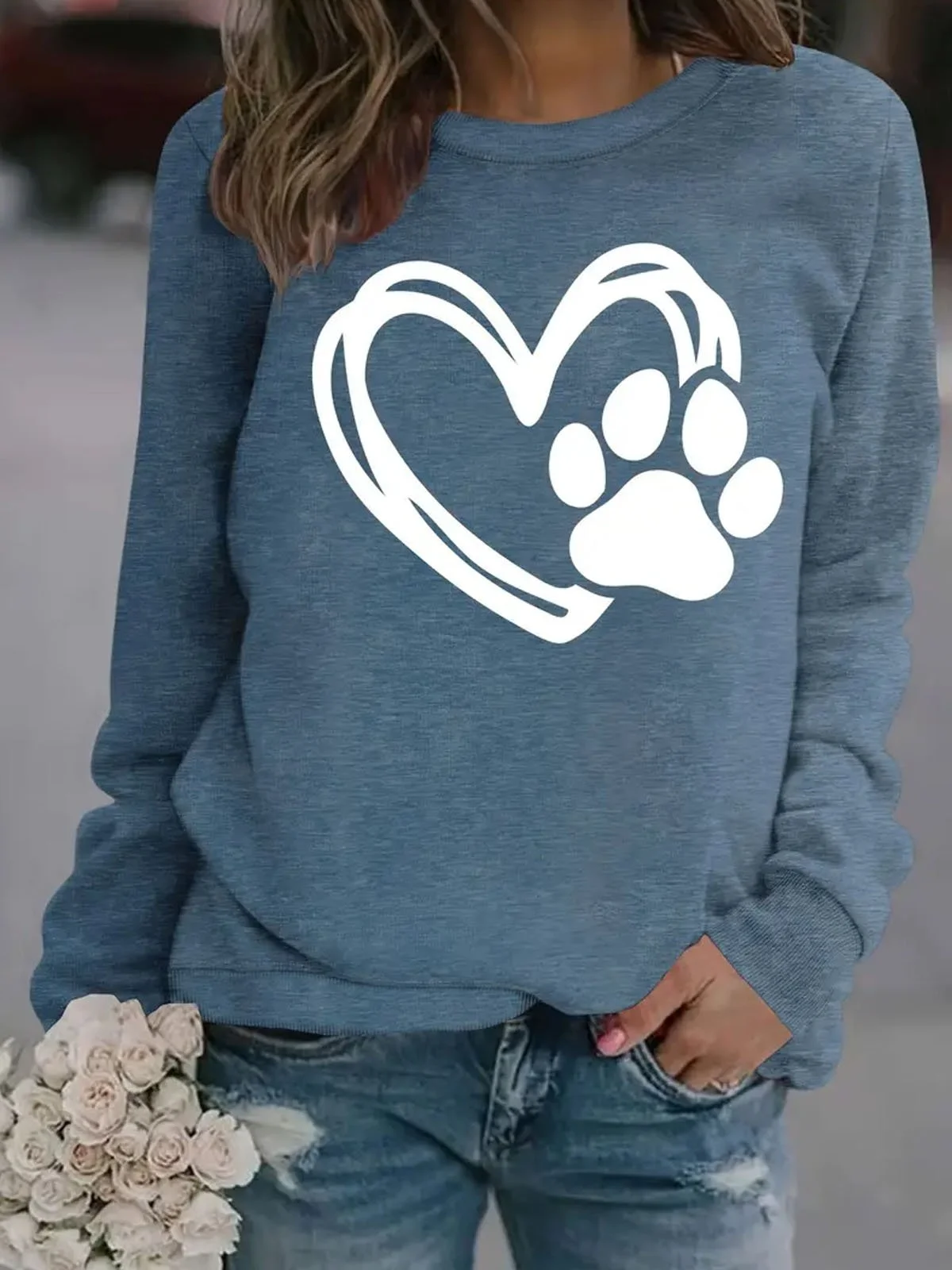 Heart shaped dog paw print round neck casual Sweatshirt