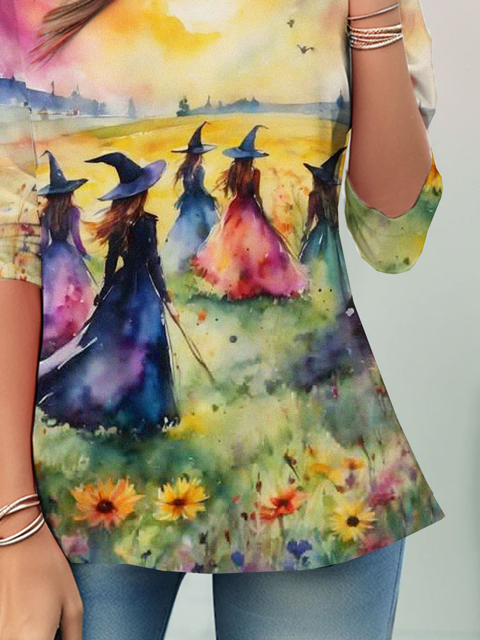 Abstract painting witch casual round neck long sleeved T-shirt