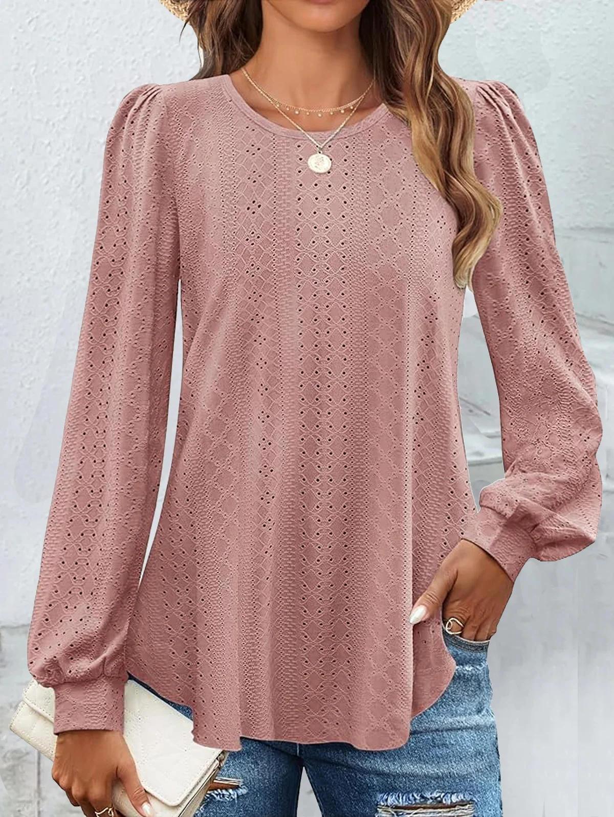 Plain Crew Neck Casual Lace T-Shirt