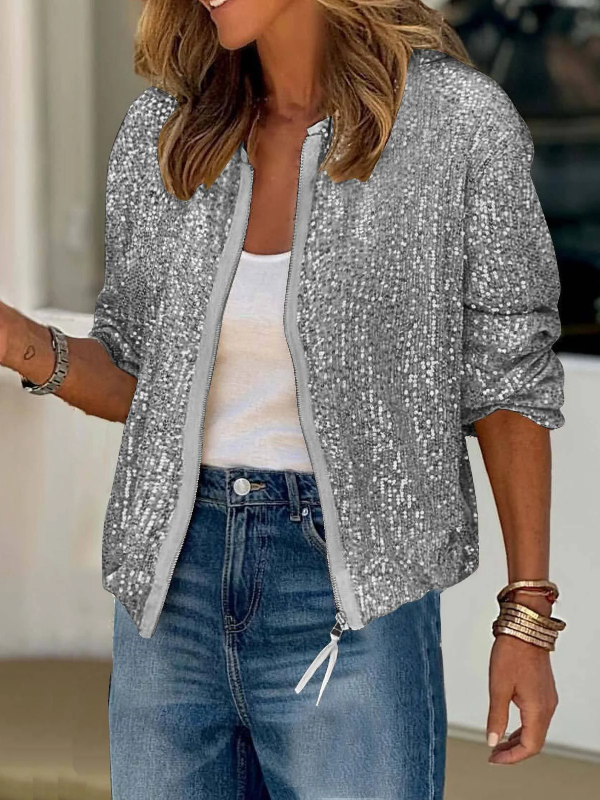 Casual Glitter Zipper Jacket