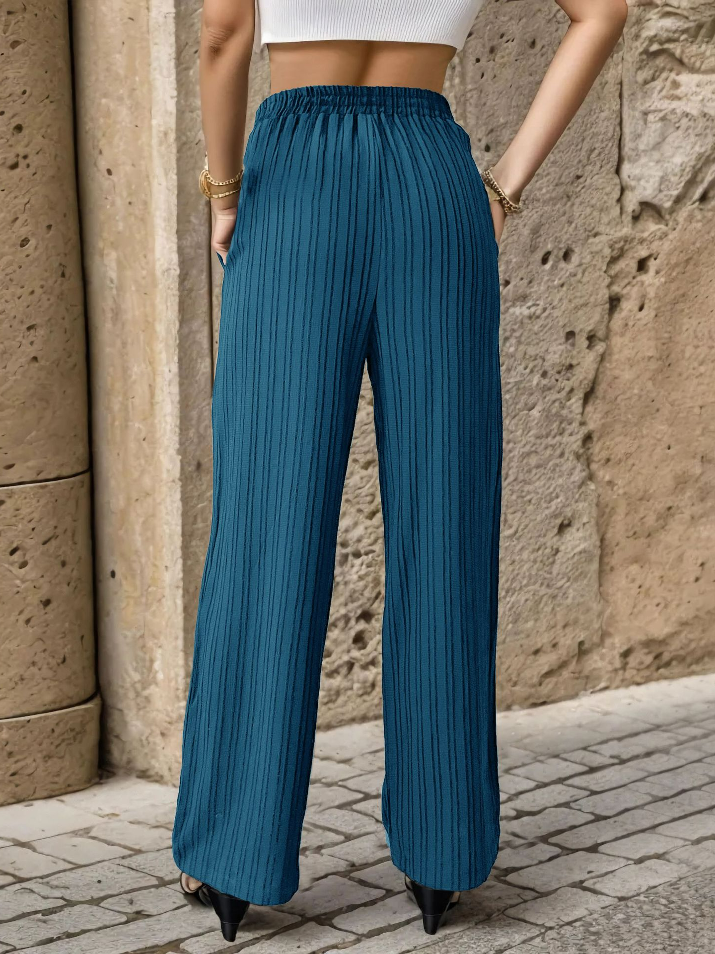 Casual Pleated Plain Wide-Leg Pants