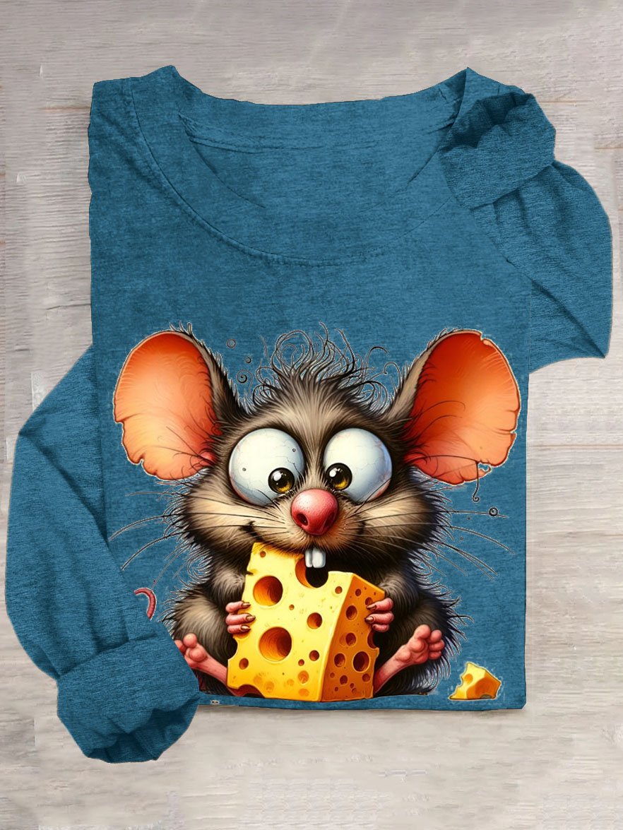 Funny Stealing Cheese Mouse Printed Round Neck Casual T-shirt