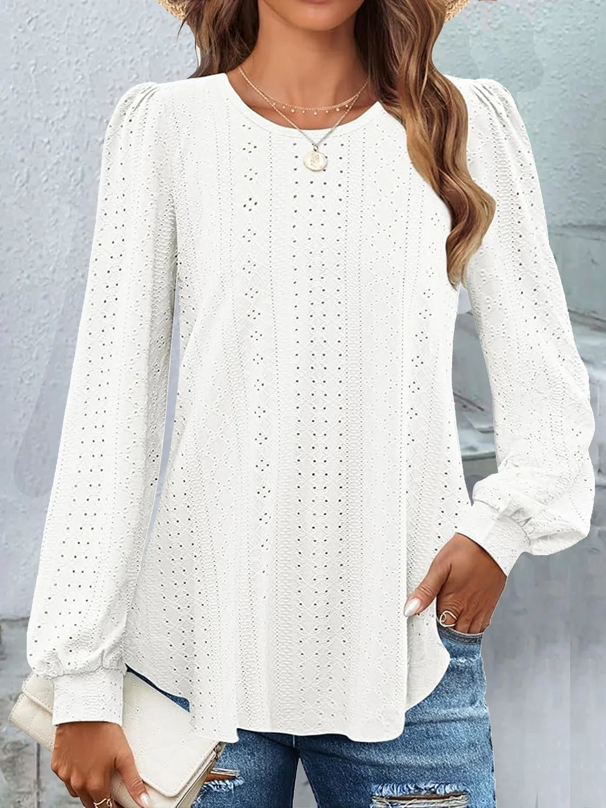 Plain Crew Neck Casual Lace T-Shirt