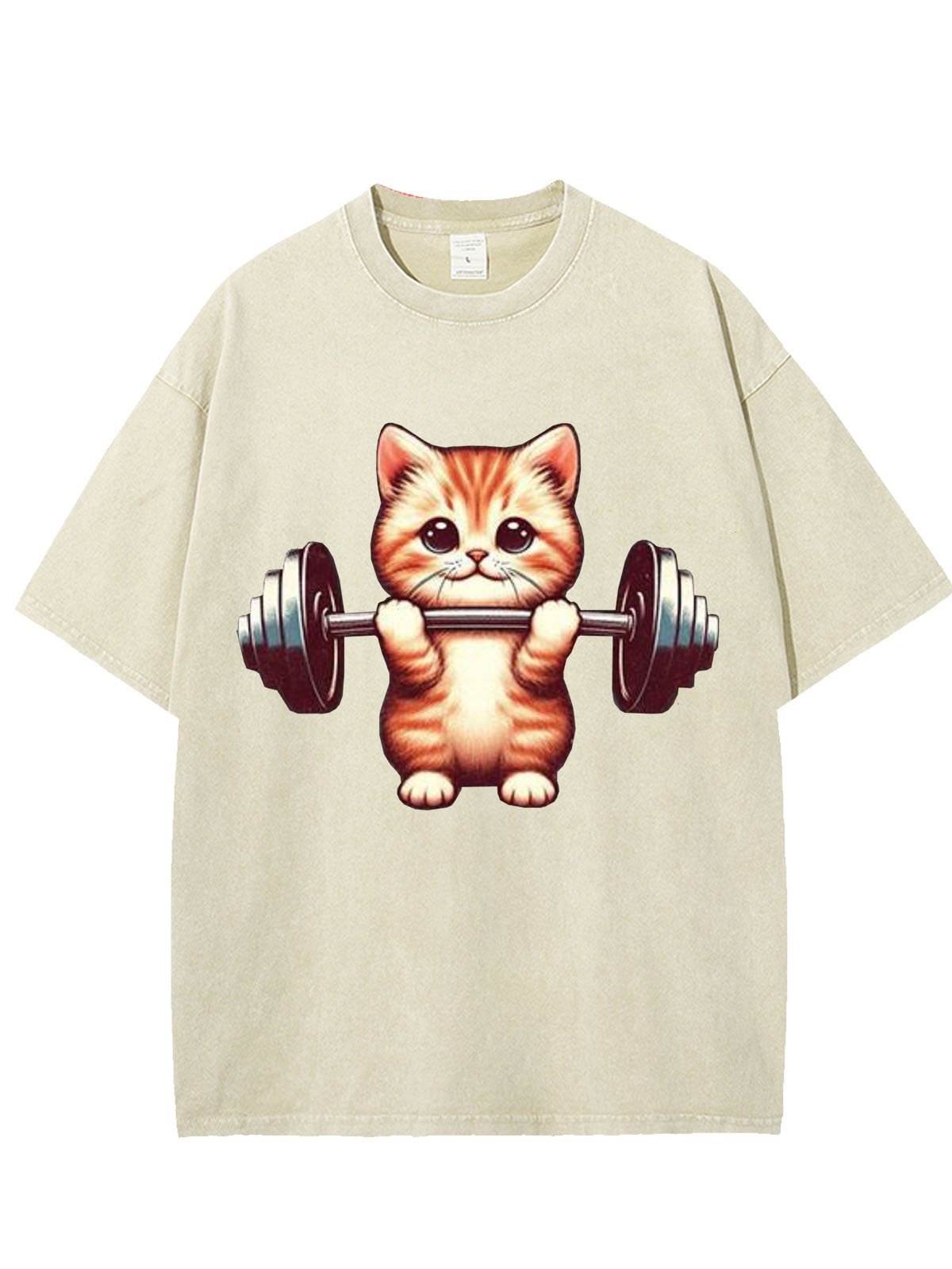 Weightlifting Cat Printed Washed T-shirt