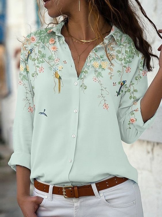 Shirt Collar Floral Casual Lace Shirt