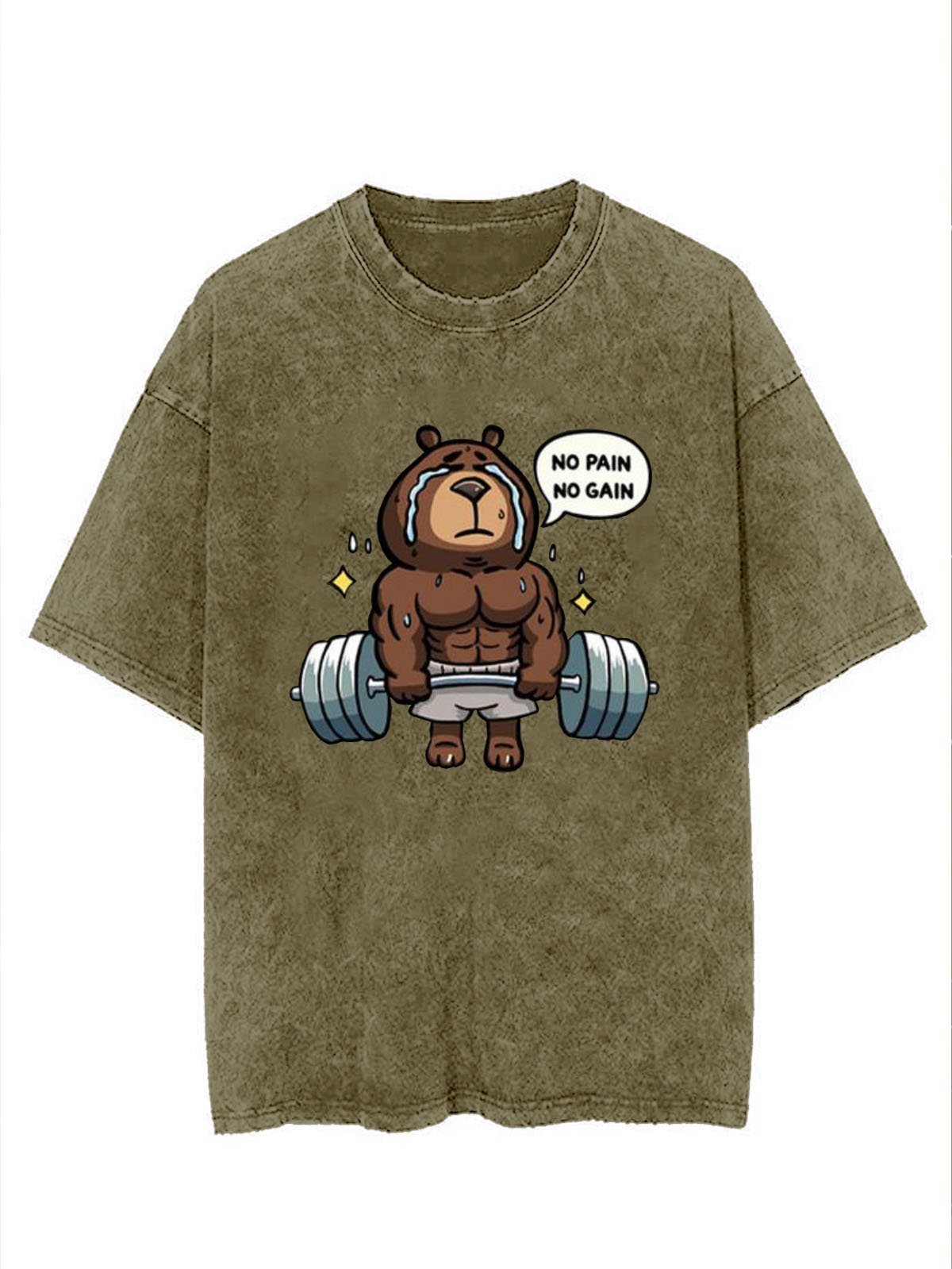 Funny Fitness Bear Printed Washed T-shirt