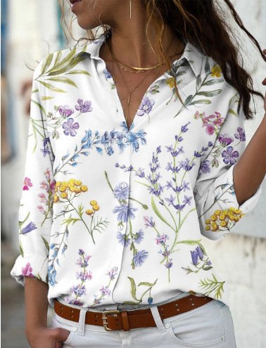 Shirt Collar Floral Casual Lace Shirt