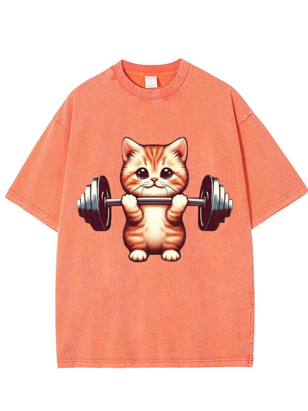 Weightlifting Cat Printed Washed T-shirt