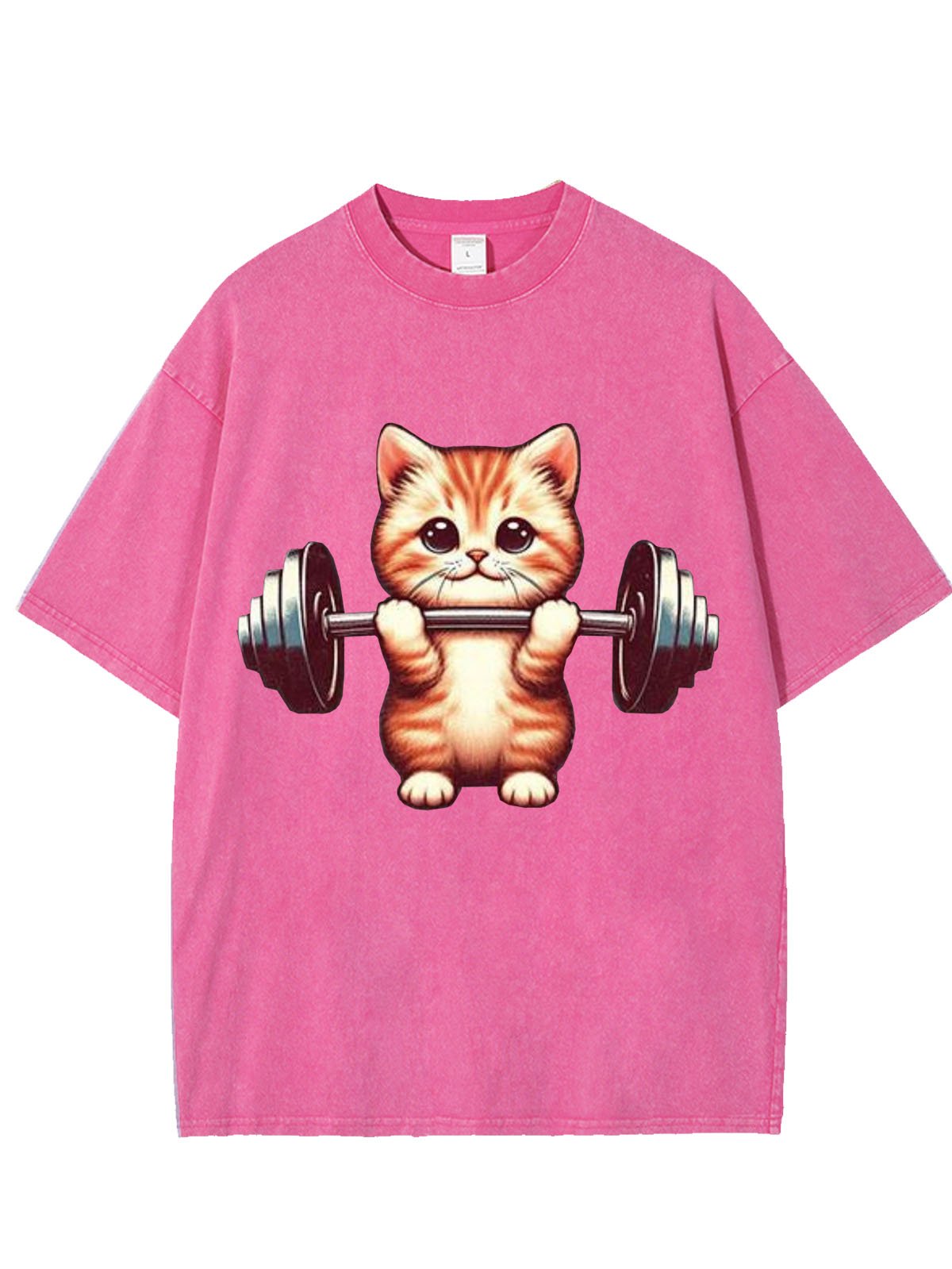 Weightlifting Cat Printed Washed T-shirt