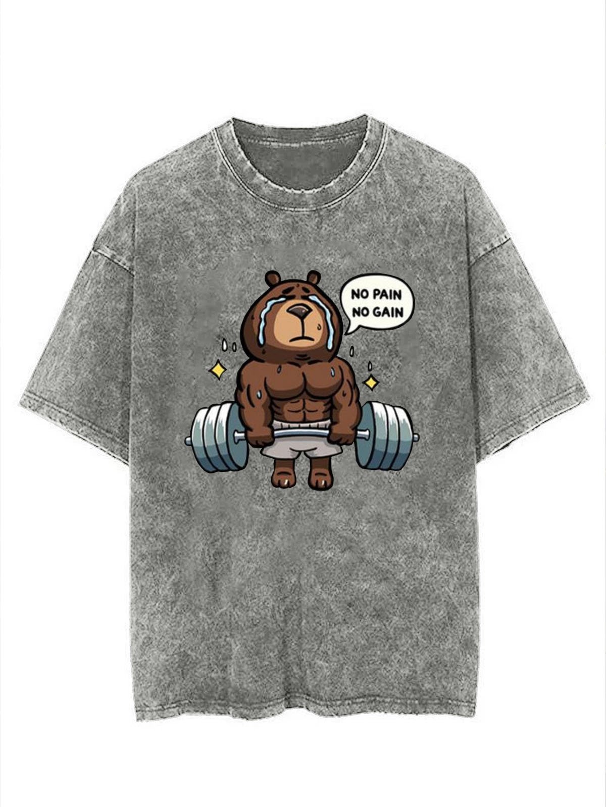 Funny Fitness Bear Printed Washed T-shirt