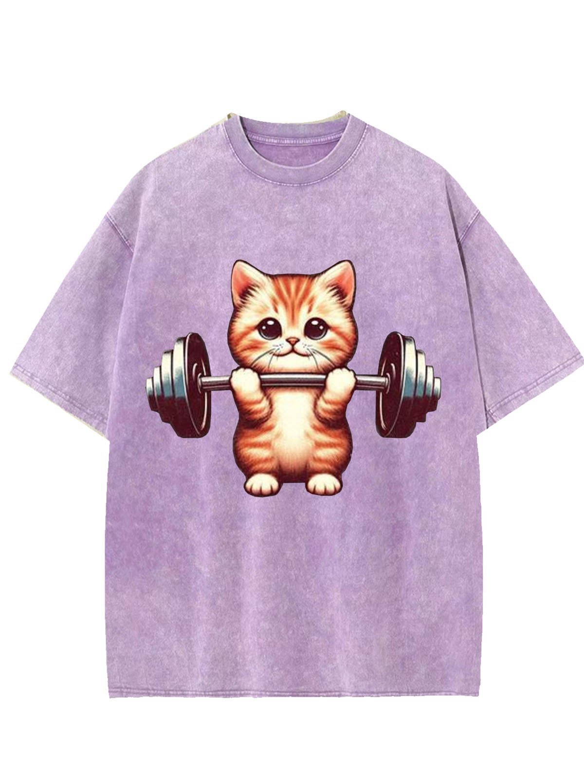 Weightlifting Cat Printed Washed T-shirt