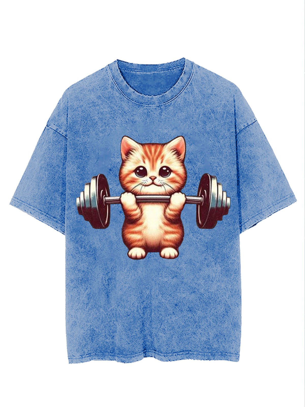 Weightlifting Cat Printed Washed T-shirt