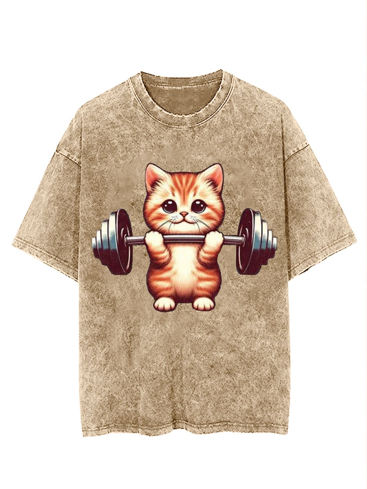 Weightlifting Cat Printed Washed T-shirt