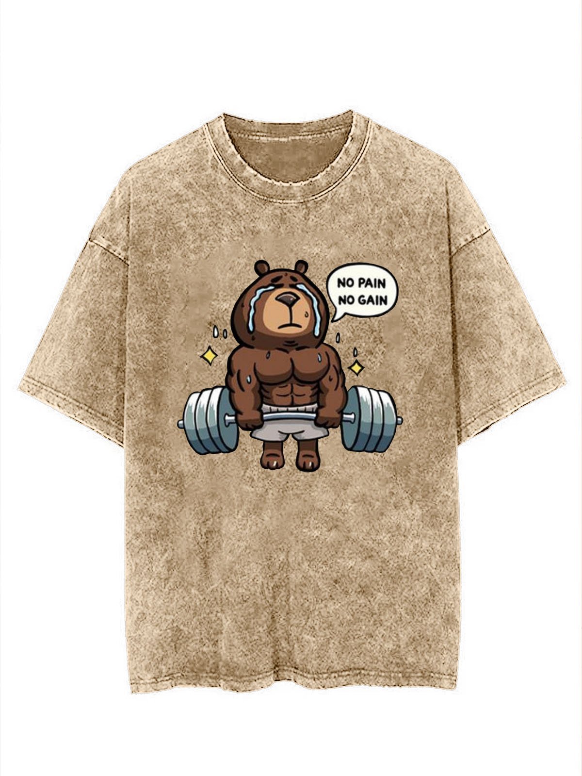 Funny Fitness Bear Printed Washed T-shirt