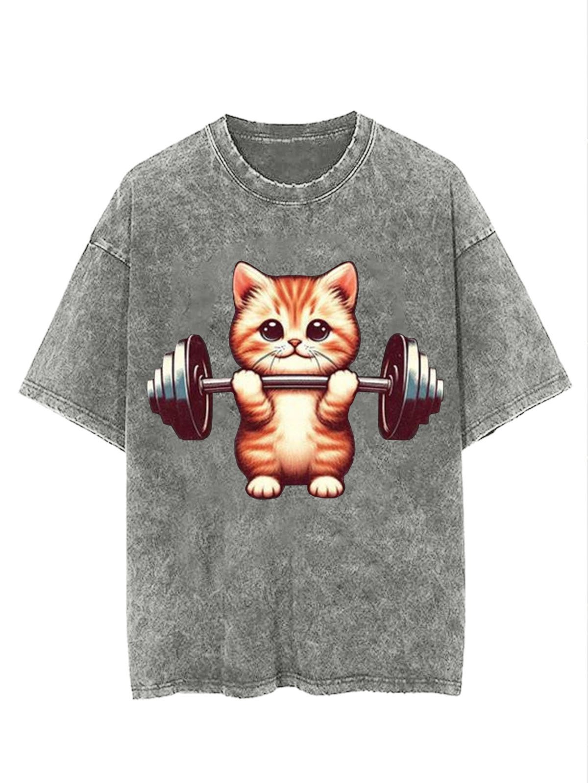 Weightlifting Cat Printed Washed T-shirt