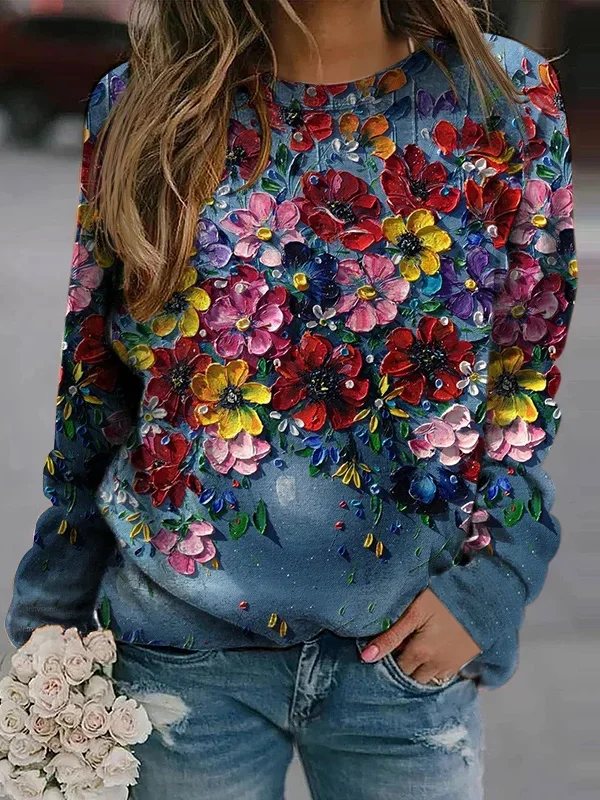 Loose Crew Neck Floral Casual Sweatshirt