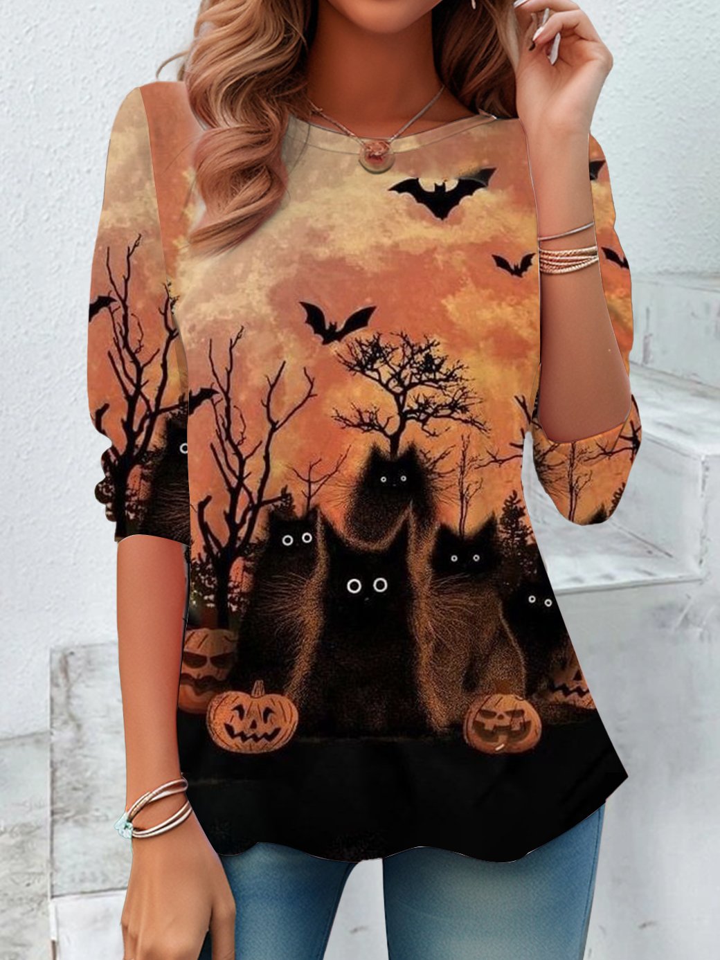 Halloween Cat Print T-Shirt